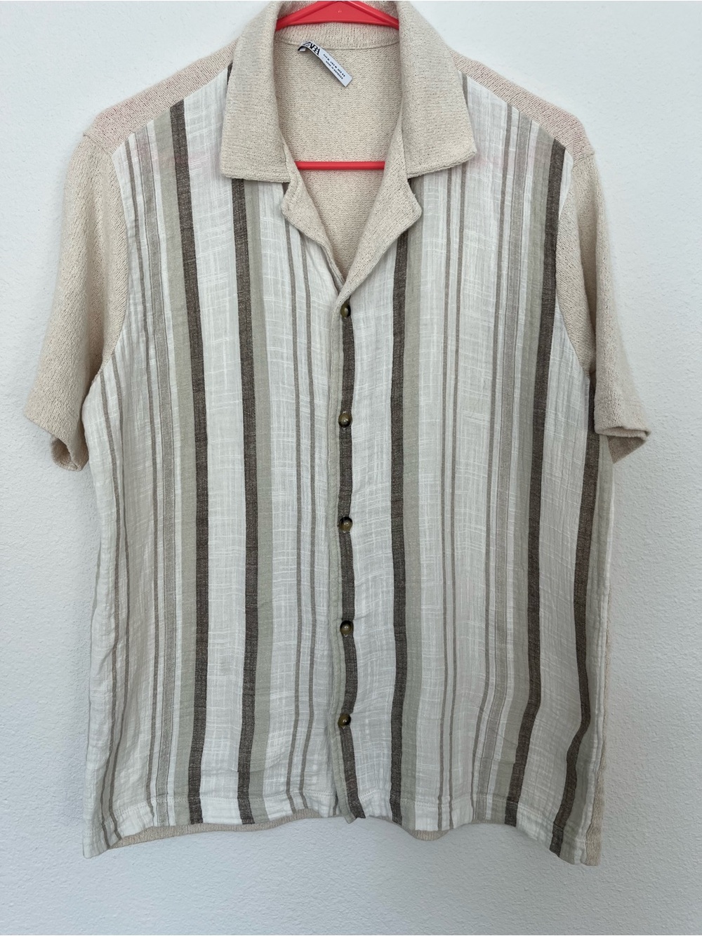 ZARA Mens Striped Button Up Shirt Relaxed Fit Neutral Coastal Linen Look Size M